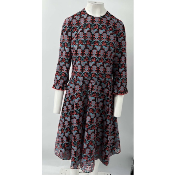 Emporio Armani Blue/Red Abstract Embroidered Zip 3/4 Sleeve A-Line Dress sz L - Picture 2 of 5